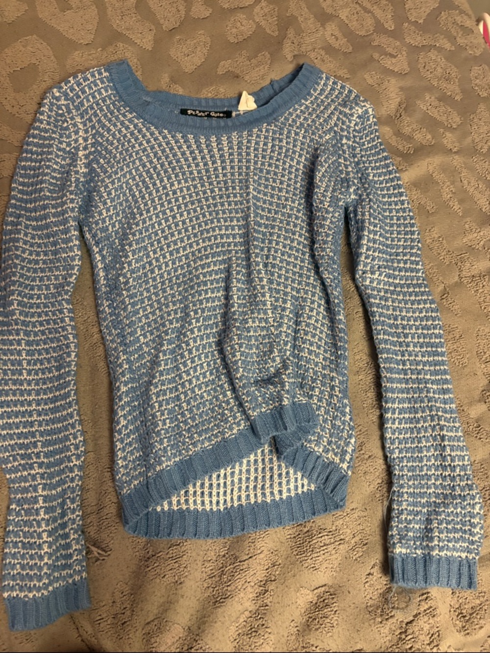 Planet Gold Blue and White Knit Twist-Hem Sweater